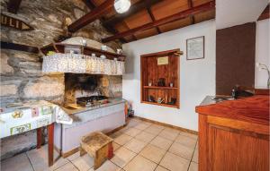 a kitchen with a stove and a stone wall at 3 Bedroom Nice Home In Breg in Raša