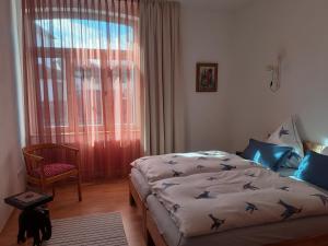 ein Schlafzimmer mit einem Bett, einem Stuhl und einem Fenster in der Unterkunft Ferienwohnungen Strauß am Botanischen Garten in Eschwege in Eschwege