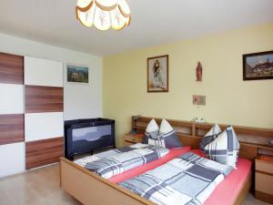 sypialnia z dużym łóżkiem i telewizorem z płaskim ekranem w obiekcie Sunny holiday flat with balcony w mieście Wagrain +16 zdjęć