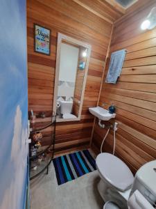 a bathroom with a toilet and a sink and a mirror at Morada Vó Rita in Florianópolis