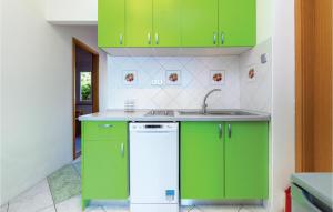 - une cuisine avec des placards verts et un lave-vaisselle blanc dans l'établissement Beautiful Apartment In Crikvenica With Kitchen, à Crikvenica