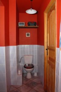 a bathroom with a toilet in a red wall at Rezydencja Święty Spokój in Wisła
