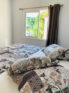 a bed with pillows and a window in a bedroom at Thermas Palace in Piratuba