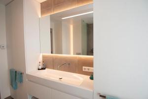 een badkamer met een wastafel en een spiegel bij Badhuis Dunes, Boulevard de Wielingen 2 in Cadzand