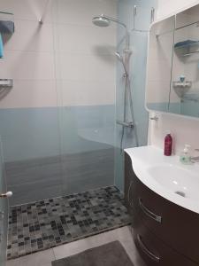 y baño con ducha acristalada y lavamanos. en SUPERBE APPARTEMENT T2 3 ETOILES 40m2 PIED DES PISTES VUE SUR LE LAC en Thollon