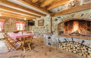 een grote stenen kamer met een tafel en een open haard bij Nice Home In Perusic With Wifi in Perušić