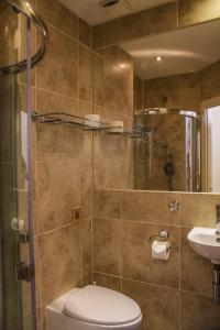 uma casa de banho com um chuveiro, um WC e um lavatório. em Blades Hotel em Londres