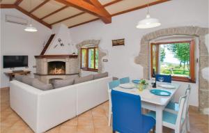 a living room with a table and a fireplace at Stunning Home In Gondolici With House A Panoramic View in Labin