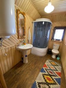 ein kleines Bad mit einem Waschbecken und einem WC in der Unterkunft ЛІСОВА ХАТИНКА in Kelechin