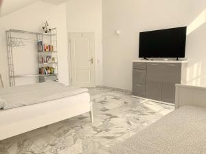 a bedroom with two beds and a flat screen tv at F10 APARTMENTS Roth in Pfaffenhofen an der Roth