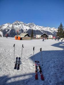 a group of skis and poles in the snow at Superbe appartement de 62 m2 au pied des pistes in Oz