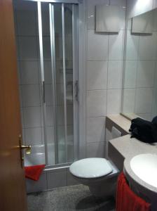 a bathroom with a shower with a toilet and a sink at Hotel Ochsen Kehl-Kork in Kehl am Rhein +12 photos