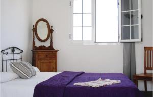 a bedroom with a bed with purple sheets and a mirror at Villas Del Mar in Puerto Calero +13 photos