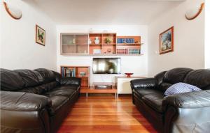 a living room with two leather couches and a television at Cozy Apartment In Dubrovnik With House Sea View in Dubrovnik