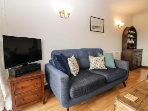 ein Wohnzimmer mit einem blauen Sofa und einem Flachbild-TV in der Unterkunft Broom Cottage in Sidmouth