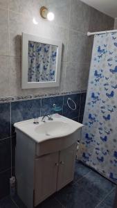 a bathroom with a sink and a shower curtain at La Rosadita - Casa de Montaña in Achiras +13 photos