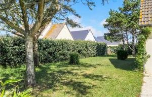 a yard with a hedge and a tree at Holiday Home Rue De Seychelles in Pirou