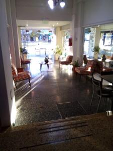 a lobby with chairs and a cat sitting on a table at CENTRO NEUQUÉN Hotel in Neuquén