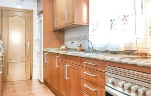 a kitchen with wooden cabinets and a sink at 3 Bedroom Nice Home In Francàs in Comarruga
