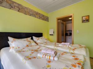 ein Schlafzimmer mit einem großen Bett mit Kissen darauf in der Unterkunft Luxury Apartment in Schleusingen Thuringia near Lake in Schleusingen