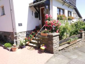 a house with potted plants and flowers on the stairs at Apartment in Langewiese near Winterberg in Winterberg