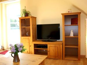 a living room with a television in a wooden entertainment center at Apartment in a quiet location with balcony in Herrischried