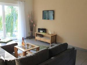 ein Wohnzimmer mit einem Sofa und einem TV an der Wand in der Unterkunft Cozy Holiday Home in Willersdorf with Pond in Frankenberg