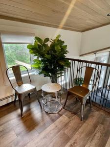 a room with two chairs and a table and a plant at MANITOU BEACH COTTAGES by Prowess in Manitou Beach