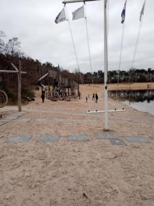 um grupo de pessoas caminhando em uma praia com bandeiras em Haus 13 em Schüttorf