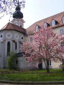 a church with a flowering tree in front of it at Haus der Begegnung Heilig Geist in Burghausen