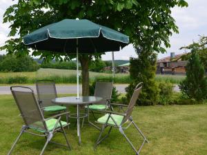 einen Tisch und Stühle mit einem Regenschirm im Gras in der Unterkunft Luxurious Holiday Home in T nnesberg with Garden in Tännesberg