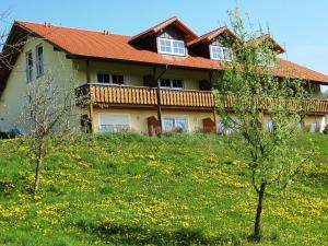 a house on a hill with a field of flowers at Wohnung in Rotthalmünster mit Garten in Andriching
