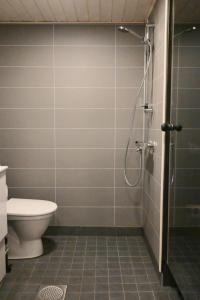 a bathroom with a shower and a toilet at Willa Rauha F in Lumijoki