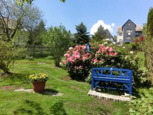 a blue bench in a yard with flowers at Apartment in Thuringian Forest with garden in Oberweißbach