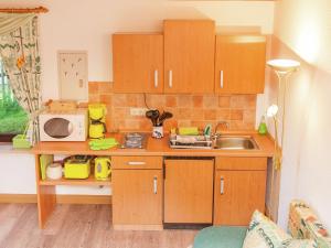 una piccola cucina con armadi in legno e lavandino di holiday home with sauna Thuringian Forest a Neuhaus am Rennweg