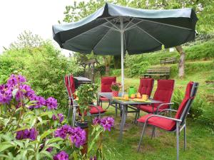 einen Tisch und Stühle unter einem Sonnenschirm in einem Garten in der Unterkunft Attractive holiday home in Langewiesen with garden in Langewiesen