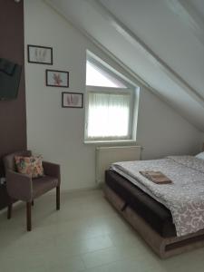 een slaapkamer met een bed, een raam en een stoel bij Apartman Joy in Pasuljište