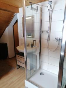 un bagno con doccia e lavandino di Gasthof Rettenbachalm a Bad Ischl