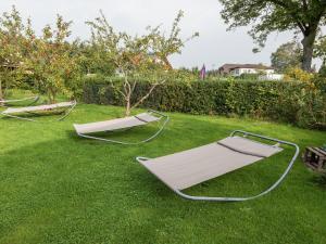 three beds on the grass in a yard at Lovely modern apartment with private terrace in Ellscheid