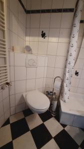 a bathroom with a white toilet and a tub at Kleine Möwe, Fewo mit zwei separaten Schlafzimmern in Heiligenhafen