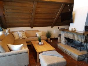 a living room with a couch and a fireplace at Holiday home in the Bavarian Forest in Schöfweg