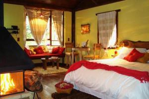 a bedroom with a large bed and a fireplace at Pousada dos Amores in Visconde De Maua