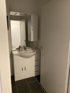 a bathroom with a sink and a mirror at Family Apartments Lübeck in Lübeck