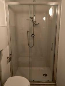 um chuveiro com uma porta de vidro ao lado de um WC em Eleonora Bed and breakfast em Muscoline