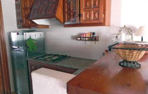 uma cozinha com um frigorífico verde e um balcão em Tropicanapark em Denia