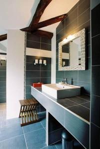 uma casa de banho com um lavatório e um espelho em Le Moulin du Galant em Ménesplet