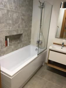 bagno con doccia, vasca e lavandino di Fayna Town - Lux Loft - Nyvky a Kiev