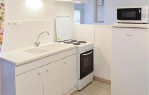 a white kitchen with a sink and a microwave at Nice Home In Deux-jumeaux With 2 Bedrooms in Deux-Jumeaux