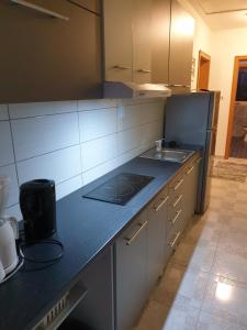 uma cozinha com um balcão preto e um lavatório em Emi2 em Vir