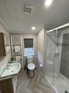 a bathroom with a toilet and a sink and a shower at Lotus Lodge with Hot Tub in York